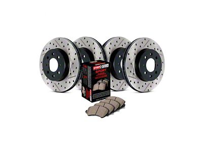 StopTech Sport Axle Drilled and Slotted Brake Rotor and Pad Kit; Front and Rear (10-15 Camaro LS, LT)