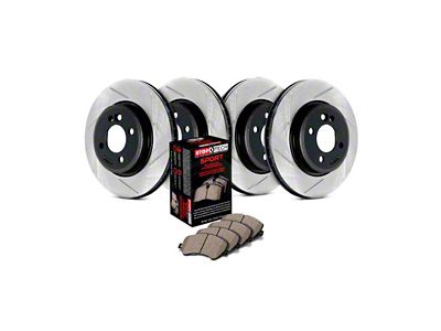 StopTech Sport Axle Slotted Brake Rotor and Pad Kit; Front and Rear (10-15 Camaro LS, LT)