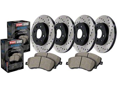 StopTech Street Axle Drilled Brake Rotor and Pad Kit; Front and Rear (10-15 Camaro LS, LT)
