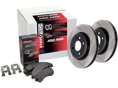 StopTech Street Axle Slotted Brake Rotor and Pad Kit; Front and Rear (10-15 Camaro LS, LT)