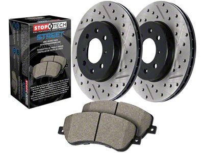 StopTech Street Axle Drilled and Slotted Brake Rotor and Pad Kit; Front (08-14 Challenger SRT8; 15-23 6.2L HEMI & 6.4L HEMI Challenger w/ Mopar Big Brake Kit)