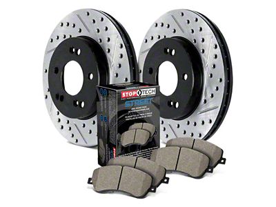 StopTech Street Axle Drilled and Slotted Brake Rotor and Pad Kit; Front (17-23 5.7L HEMI Challenger w/ Mopar Big Brake Kit)