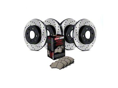 StopTech Sport Axle Drilled Brake Rotor and Pad Kit; Front and Rear (06-14 V6 RWD Charger w/ Solid Rear Rotors; 15-16 V6 RWD Charger)