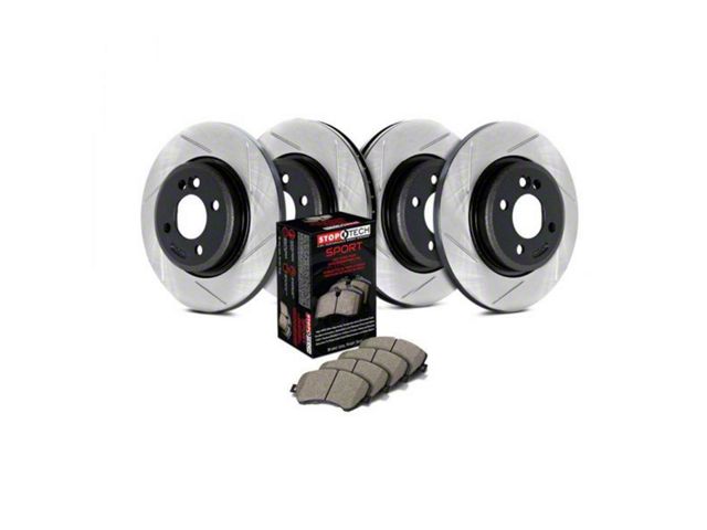 StopTech Sport Axle Slotted Brake Rotor and Pad Kit; Front and Rear (06-14 V6 RWD Charger w/ Solid Rear Rotors; 15-16 V6 RWD Charger)