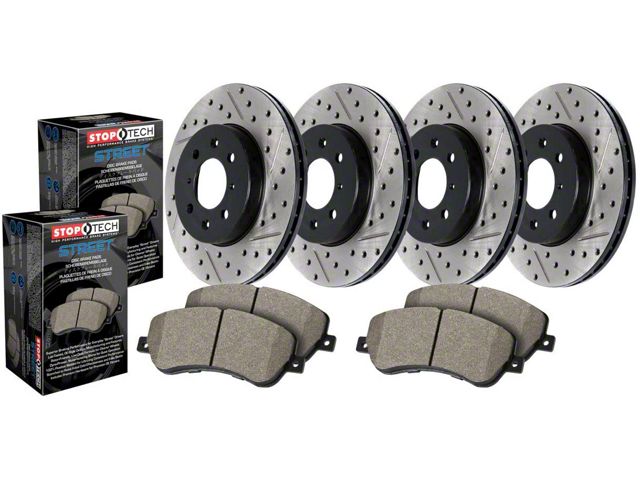 StopTech Street Axle Drilled and Slotted Brake Rotor and Pad Kit; Front and Rear (06-14 Charger SRT8; 15-16 Charger R/T Scat Pack & SRT 392 w/ 4-Piston Front Calipers)