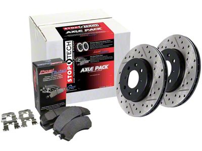StopTech Street Axle Drilled and Slotted Brake Rotor and Pad Kit; Rear (06-14 V6 RWD Charger w/ Solid Rear Rotors; 15-16 V6 RWD Charger)