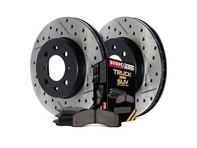 StopTech Truck Axle Slotted and Drilled Brake Rotor and Pad Kit; Rear (06-14 3.6L & 5.7L HEMI Charger w/ Vented Rear Rotors)