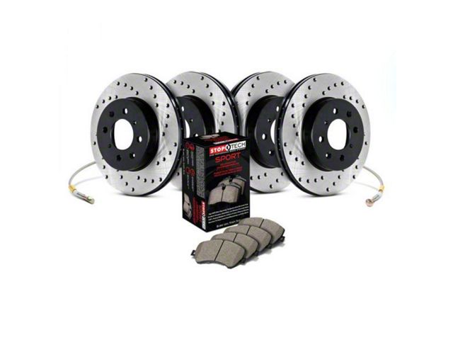 StopTech Sport Axle Drilled Brake Rotor, Pad and Brake Line Kit; Front and Rear (06-13 Corvette C6 427, Grand Sport, Z06 w/o Z07 Brake Package)