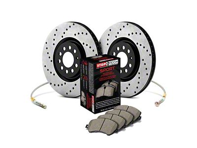 StopTech Sport Axle Drilled Brake Rotor and Pad Kit; Front (05-13 Corvette C6 Base w/ Standard Brake Package)