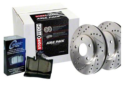 StopTech Sport Axle Drilled Brake Rotor and Pad Kit; Front and Rear (11-14 Mustang GT w/ Performance Pack; 12-13 Mustang BOSS 302)