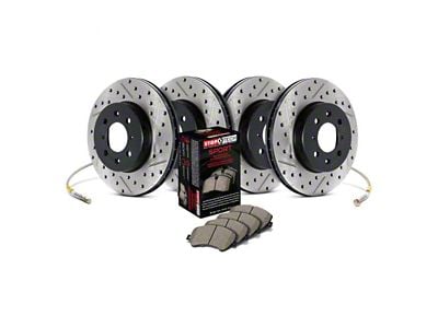 StopTech Sport Axle Drilled and Slotted Brake Rotor and Pad Kit; Front and Rear (11-14 Mustang GT w/o Performance Pack)