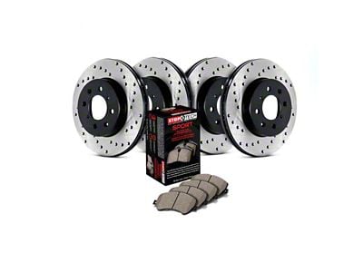StopTech Sport Axle Drilled Brake Rotor and Pad Kit; Front and Rear (99-04 Mustang GT, V6)