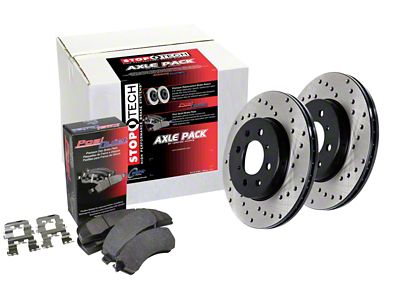 StopTech Street Axle Drilled Brake Rotor and Pad Kit; Front (11-14 Mustang V6)