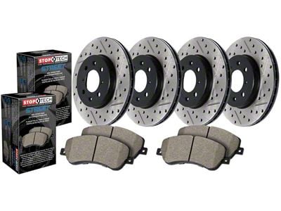 StopTech Street Axle Drilled and Slotted Brake Rotor and Pad Kit; Front and Rear (11-14 Mustang GT w/o Performance Pack)
