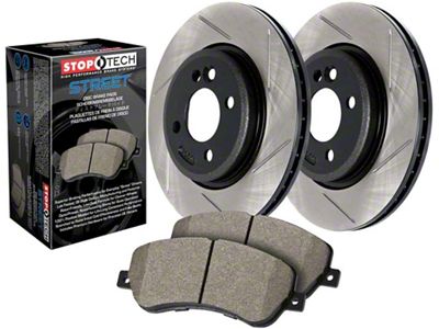 StopTech Street Axle Slotted Brake Rotor and Pad Kit; Front (11-14 Mustang V6)