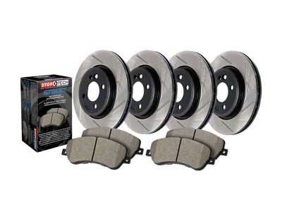 StopTech Street Axle Slotted Brake Rotor and Pad Kit; Front and Rear (11-14 Mustang V6)