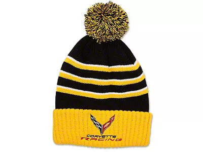 Beanie with C8 Cross Flags; Corvette Racing with Pom Pom; Yellow