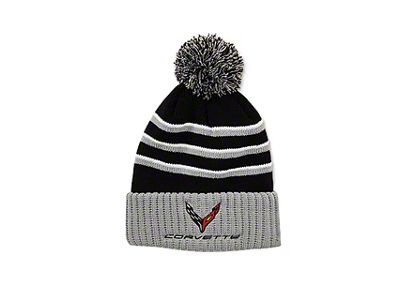 Beanie with C8 Cross Flags and Pom Pom; Gray