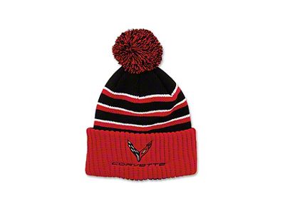 Beanie with C8 Cross Flags and Pom Pom; Red