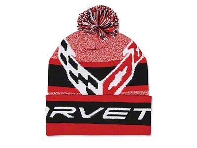 Beanie with C8 Knitted with Pom Pom; Red