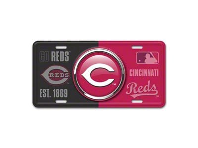 Embossed Metal License Plate with Cincinnati Reds Logo; Black / Red (Universal; Some Adaptation May Be Required)