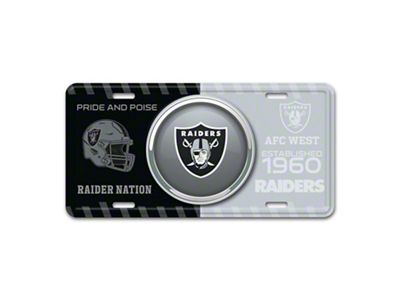 Embossed Metal License Plate with Las Vegas Raiders Logo; Black / Gray (Universal; Some Adaptation May Be Required)