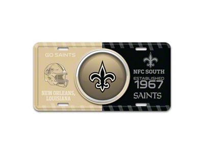 Embossed Metal License Plate with New Orleans Saints Logo; Gold / Black (Universal; Some Adaptation May Be Required)