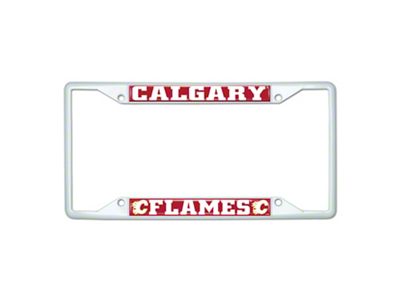 License Plate Frame with Calgary Flames; White (Universal; Some Adaptation May Be Required)