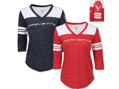 Women's 3/4 Sleeve V-Neck with Stripes and Left Sleeve Logo; Heather Red