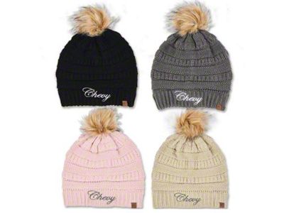 Women's Chevy Script Knit Beanie with Pom; Pink